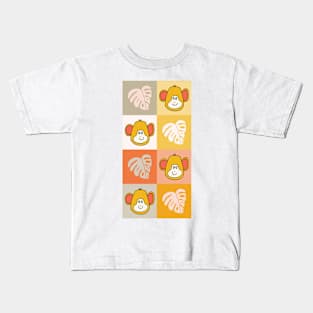 Monkeys and Monstera Leaves in checkers pattern Kids T-Shirt